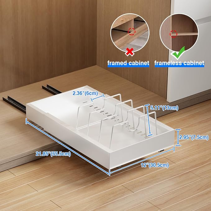 Mustorn 2 Pack Pull Out Cabinet Organizer with 8 Dividers,21.8" Deep Slide Out Drawers for Cabinets Adhesive Pull Out Drawers Heavy Duty Pull Out Shelves for Kitchen, Cupboard, Pantry, Bathroom-White - Image 6