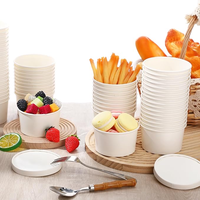 Fulmoon 100 Pack Paper Soup Containers with Lids Disposable Paper Food Containers with Vented Lid Kraft Ice Cream Cake Dessert Cups Soup Bowl for Party Hot Food Fruit Microwave(6 oz,White) - Image 4