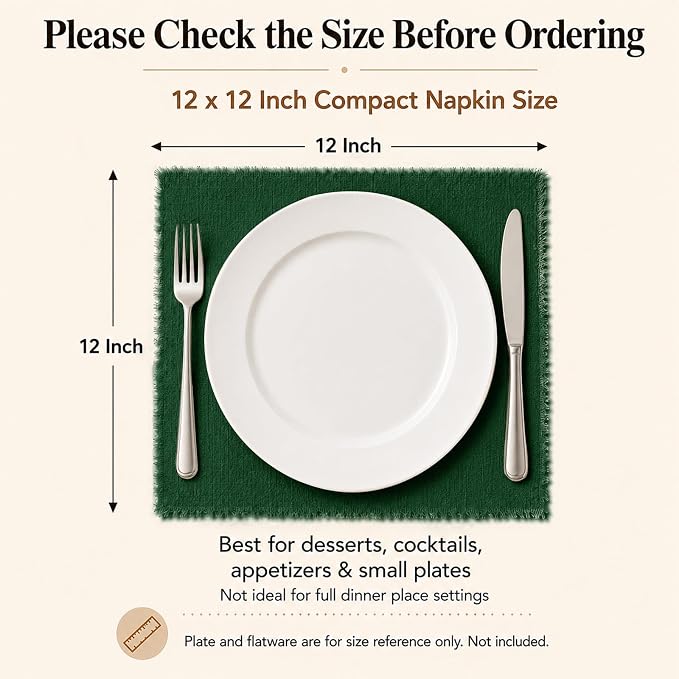 36 Pack Dark Green Cloth Napkins, 12 x 12 Inch Cotton with Fringe Settings | Handmade washable reusable cotton dinner napkins in bulk for weddings, parties, rustic boho table settings - Image 2