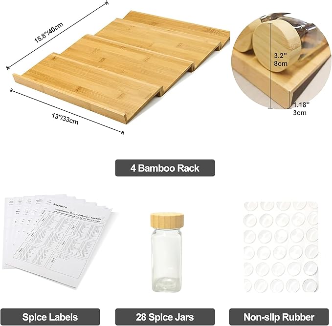 Spice Drawer Organizer with 28 Bamboo-lidded Spice Jars and 216 Labels,Non-slip Rubber, Bamboo 4 Tier Spice Racks Tray Seasoning Containers for Kitchen Drawers,Cabinets,13" Wide * 15.8" Deep - Image 3