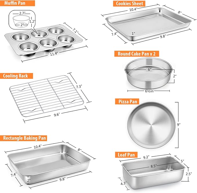Toaster Oven Bakeware Set, E-far 8-Piece Stainless Steel Small Baking Pan Set, Include 6-Inch Cake Pan/Rectangle Baking Pan/Cookie Sheet with Rack/Muffin/Loaf/Pizza Pan, Non-Toxic & Dishwasher Safe - Image 2