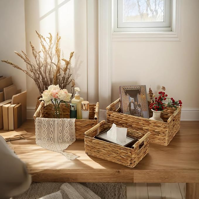 Wicker Storage Baskets for Organizing 3 Pack,Natural Water Hyacinth Ratten Baskets with Wooden Handles, Decorative Handwoven Storage Baskets for Shelves, Bathroom, Pantry or Kitchen - Image 6