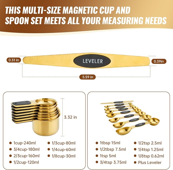 Stainless Steel Magnetic Measuring Cups and Spoons Set of 15 | Double Sided for Dry and Liquid Ingredients, BPA Free, Rust Resistant,Dishwasher Safe with Leveler for Baking and Cooking - Image 7