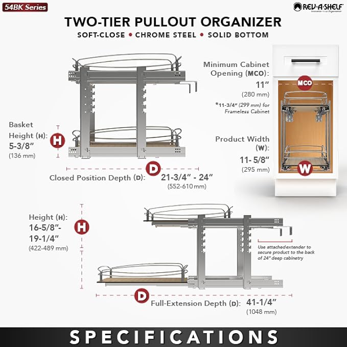 Rev-A-Shelf 2 Tier Pull Out Kitchen Cabinet Storage Organizer with Solid Bottom & Undermount Soft-Close Full Extension Slides, 54BK-12SC-2-1 - Image 5