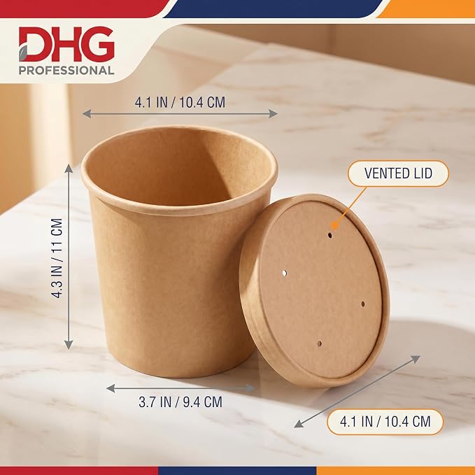 250 Sets Kraft Paper Food Containers With Vented Lids, To Go Hot Soup Bowls, Disposable Ice Cream Cups - Kraft - Image 3