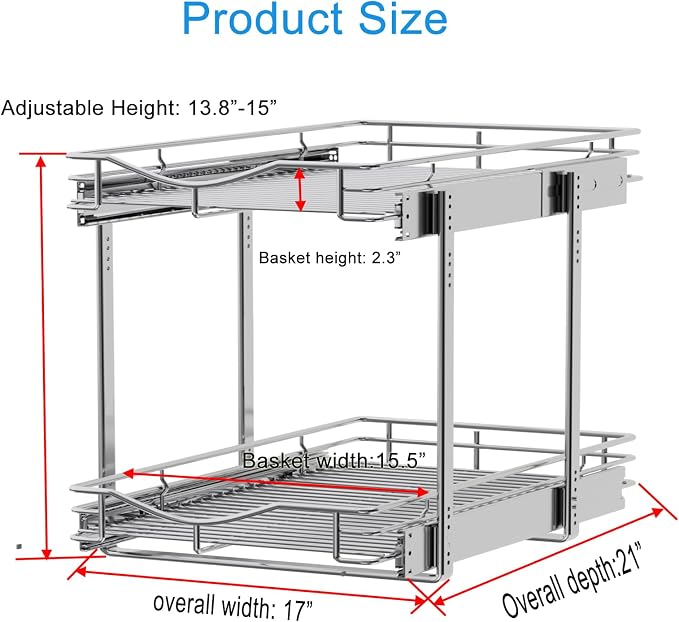 DINDON 2 Tier Pull Out Cabinet Organizer (17" W X 21" D), Double Tier Wire Basket Slide Out Shelf Storage for Kitchen Base Cabinet, Chrome Finish - Image 3