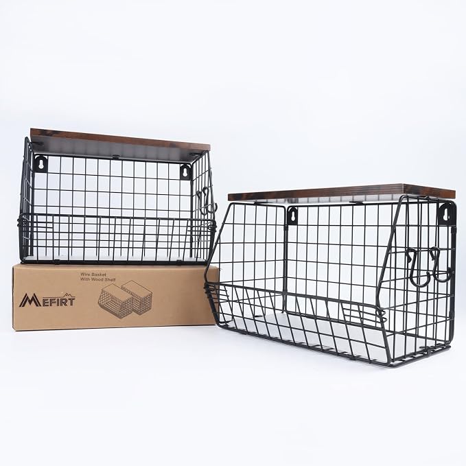 Mefirt 2pcs Fruit Basket Kitchen Storage Basket with Wood Lid | Stackable Wall Fruit Basket for Kitchen, Countertop Organizer for Snack, Fruit and Veggie Storage, 11.8 x 7.9 x 8.5 Inch - Image 9