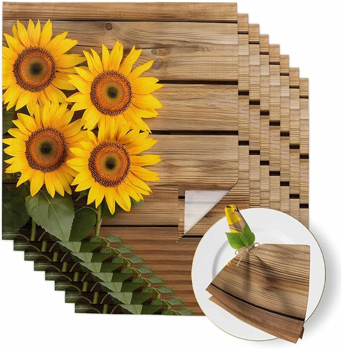 Pastoral Cloth Napkins Set of 8 Sunflowers Wood Grain Texture Rustic Vintage Soft Washable Square Dinner Napkins for Party Wedding Restaurant Hotel Cocktail 20x20 Inch by Unknown