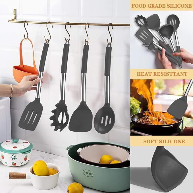Silicone Cooking Utensil Set, Umite Chef 43 PCS Heat Resistant Kitchen Utensil Gadgets Set-Stainless Steel Handle- Kitchen Spatula Tools for Nonstick Cookware, Pots and Pans Accessories(Grey) - Image 6