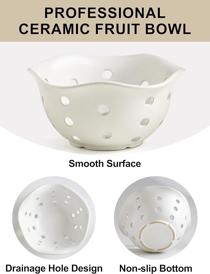 Gomakren Fruit Basket Set of 2, Ceramic Fruit Bowl Berry Basket with Holes, 7.6 Inch Fruit Containers Colander for Fridge - Farmhouse Kitchen Decor, Cream White - Image 3