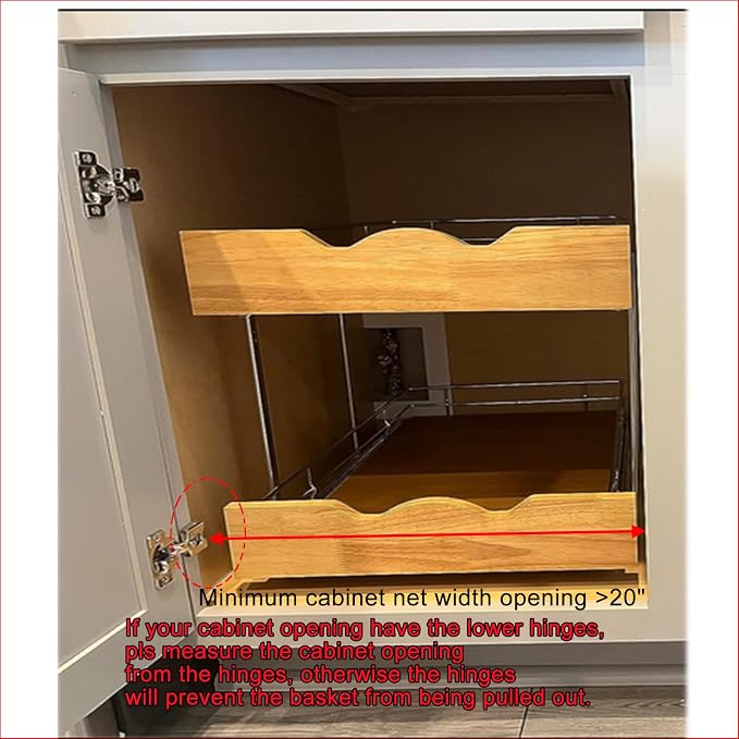 DINDON 2 Tier Pull Out Cabinet Organizer (20" W x 21" D) Slide Out Wood Shelf Double Tier Kitchen Wire Basket with Chrome Finish… - Image 3