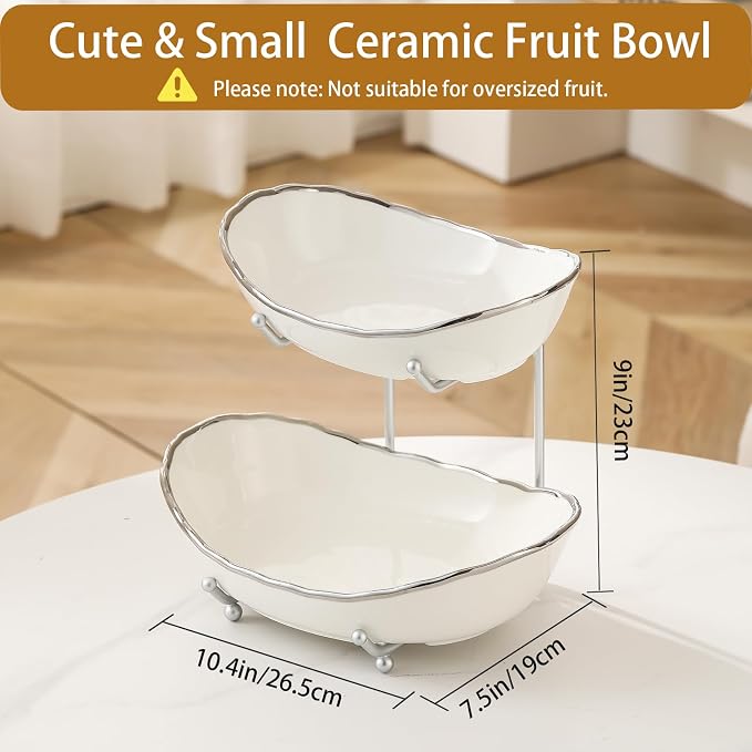 2 Tier Fruit Bowl, Ceramic Fruit Basket for Kitchen Counter | Fruit Holder for Kitchen, with Metal Stand, No Installation Required, Save Space, Easy to Clean, Modern, Silver-rimmed, Small - Image 3
