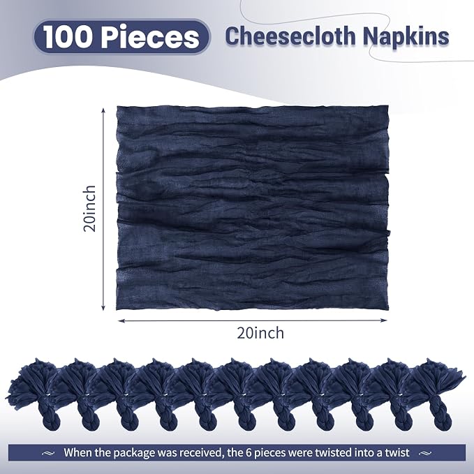100 Pack Navy Blue Napkins 20x20Inch Cheesecloth Napkins | Blue Elegant Cloth Napkins for Table, Washable Rustic Boho Gauze Napkins, for Wedding Party Bridal Baby Shower Dinner Decor - Image 2