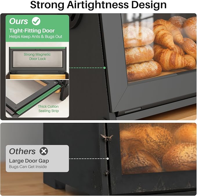 SNTD Bread Box for Kitchen Countertop, Bamboo Cutting Board, 1 Tier, Black | Adjustable Vent Hole, Airtight Design, Natural Wood, Magnetic See-through Door, Metal Frame, Homemade Bread Storage Container - Image 5