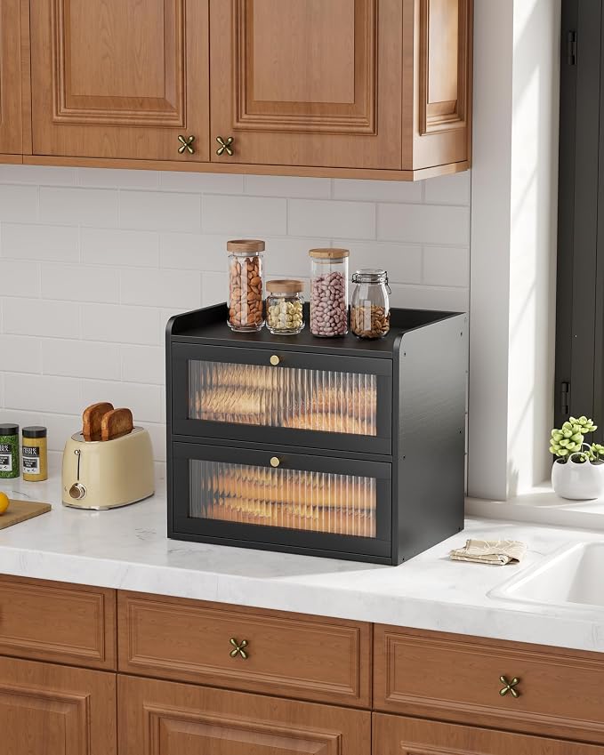 Kitsure Wooden Bread Box for Kitchen Countertop, Large Capacity, Black | 2-Tier Bamboo Bread Container, Bread Storage Container with Magnetic Acrylic Door, Pantry Organizers and Storage for Loaves - Image 6