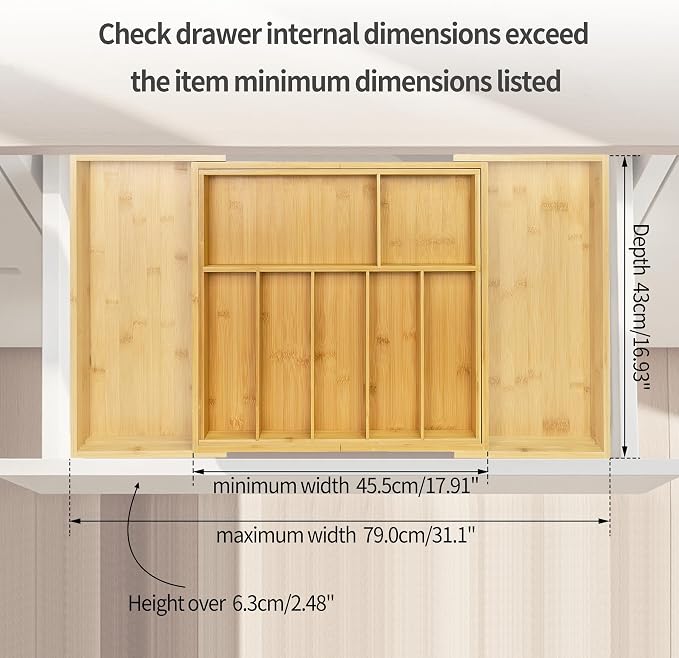Utoplike Extra Large Kitchen Drawer Organizer, Solid Bamboo Silverware Tray | Expandable Drawers Organizer Holder for Utensils, Cutlery, Silverware, Flatware and Spatulas, Adjustable 7-9 Slots - Image 5
