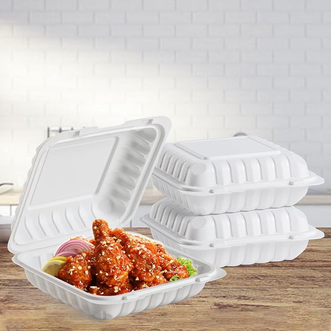 White To Go Containers 8" 34 oz 55 Pack - Shrink Wrap Ready to Use | Mineral Filled PP BPA Free Clamshell Boxes | Food Grade Freezer Microwave Dishwasher Safe | Bulk for Catering & Restaurants - Image 5