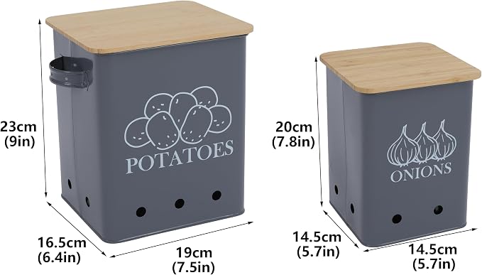 Kitchen Vegetable Storage Tins Set of 2, Onion and Potato Storage Bins with Wooden Lid and Aerating Holes, Garlic Bin Caddy, Vintage Kitchen Decor, Grey - Image 7