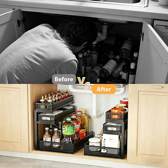2 Pack Bathroom Under Sink Organizer, 3-Tier Pull Out Kitchen Cabinet Organizer with 5 Adjustable Heights Metal Slide Out Storage Makeup Drawer Rack for Bedroom Office Pantry Home Organization, Black - Image 6