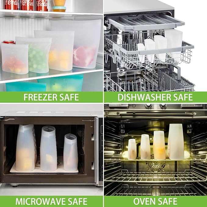 Reusable Storage Bag, 8 Pack 100% Silicone Food Storage Bags Stand Up Zip Lock Bags for Food, Freezer Microwave Oven Dishwasher Safe, 2 X-Large(0.8 Gallon) 2 Medium 2 Small 2 X-Small, Translucent - Image 6