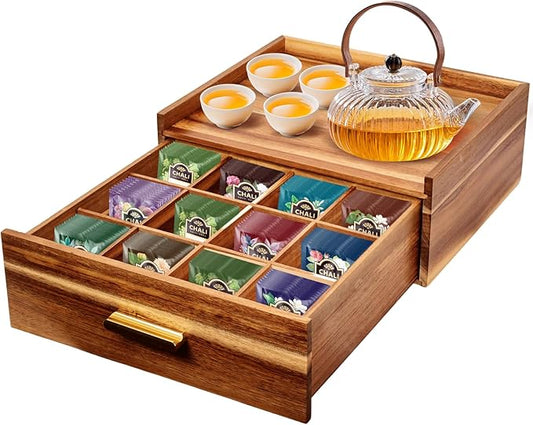 NANXITU Acacia Wood Tea Holder Organizer, Tea Box Organizer Storage Box | Tea Caddy for Tea Bags Organizer Drawer, with12 Compartments Multi-Functional Tea Station Chest for Countertop by Unknown