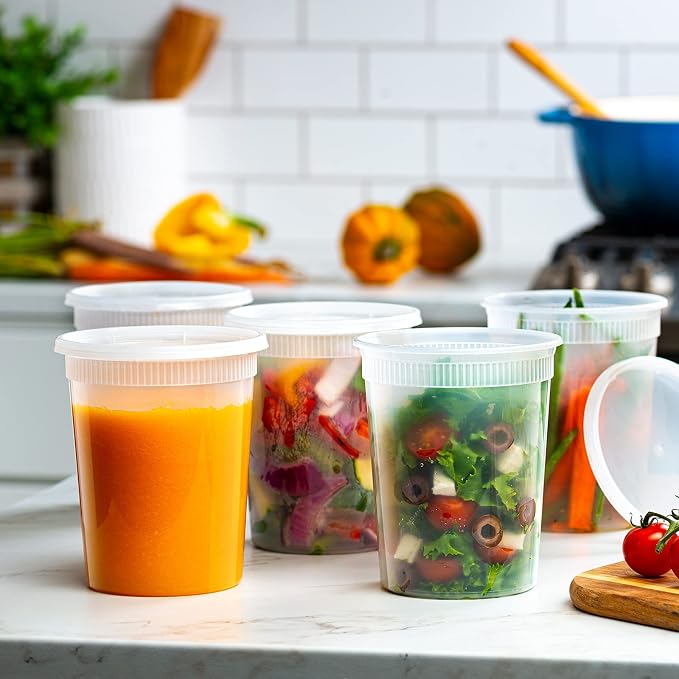 GUSTO 32 oz Plastic Deli Containers with Lids [120 Sets] Food Storage | Microwave, Dishwasher & Freezer Safe, Disposable or Reusable, BPA Free, Leak-Proof, Soups, Takeout, Meal Prep & Leftovers - Image 3
