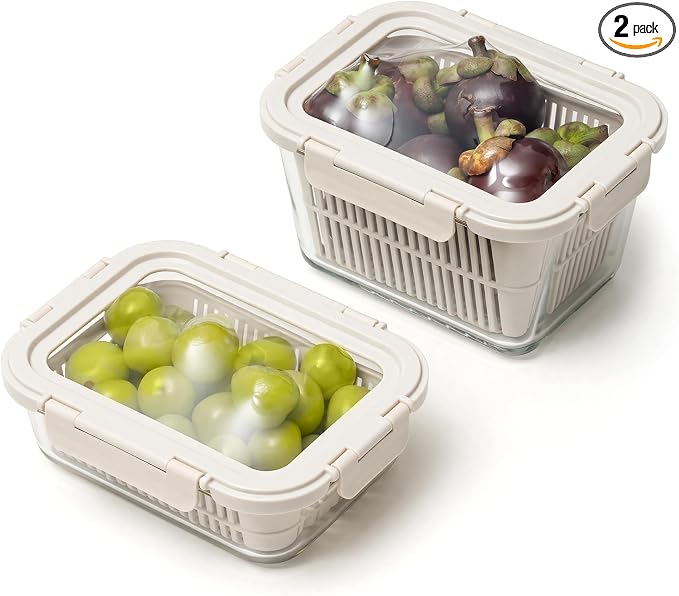 Glass Produce Storage Containers for Fridge, 2-Pack – Airtight Fruit & Vegetable Containers with Removable Colanders, Flexible Silicone Lids,LeakProof, BPA-Free Borosilicate Glass by GENICOOK
