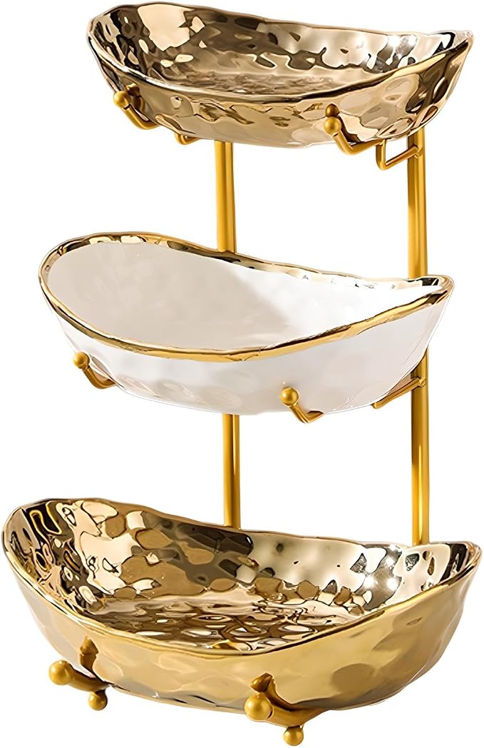XUDREZ 3 Tier Fruit Bowl with Metal Stand for Kitchen Counter, Ceramic White Gold Silver, Tiered Fruit Basket for Nuts, Snacks, Bread, Candy Storage (Gold) by XUDREZ