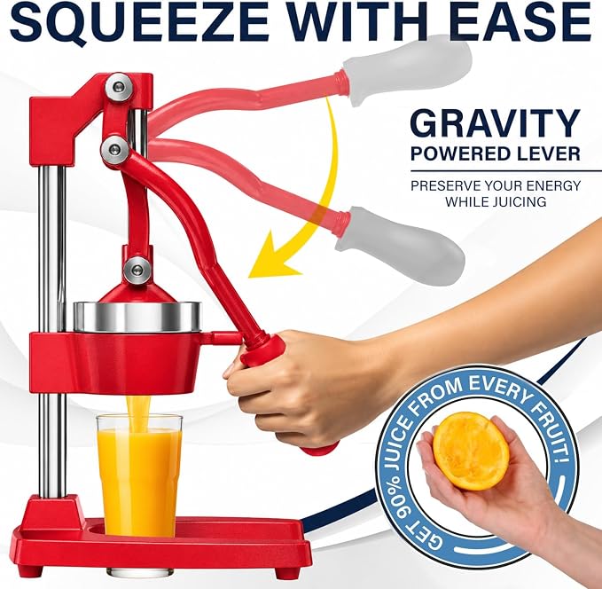 Eurolux Ultra-Premium Cast Iron Juicer | Extra-Large, Heavy Duty, Commercial Grade, Stainless Steel Manual Hand Press Citrus Squeezer For Fresh Orange Juice, Pomegranate, Lemon, and Much More (Red) - Image 4