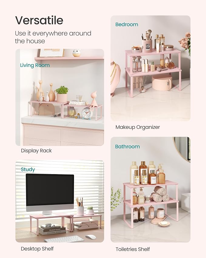 SONGMICS Cabinet Organizer Shelf, Set of 2 Kitchen Counter Shelves, Kitchen Storage, Spice Rack, Stackable, Expandable, Metal and Engineered Wood, 15.6 Inches, Jelly Pink UKCS025S01 - Image 5