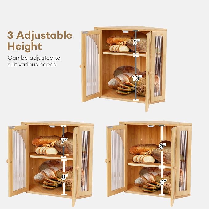 Corner Bread Box for Kitchen Countertop,Double Layer Bread Holder | 3 Adjustable Height, Large Capacity, Magnetic Acrylic Door, Bamboo Bread Storage Container for Homemade Bread, Natural - Image 3