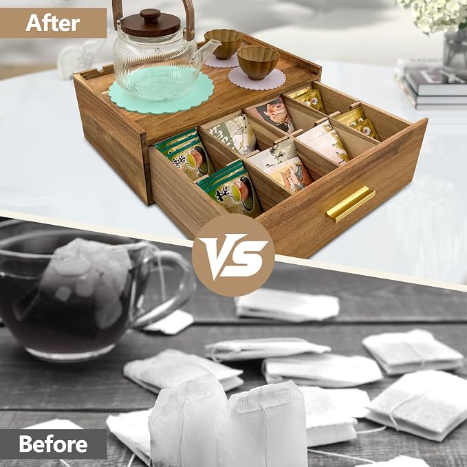 Acacia Wood Tea Bag Organizer with Drawer – Countertop Storage Box | Larger Size Tea Caddy Storage, Tea Station Chest for Countertop, Tea Box Storage Drawer,Customizable compartments - Image 6
