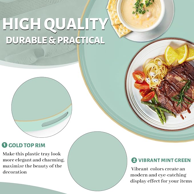 13" Mint Green Decorative Tray, Round Serving Tray with Handles | Plastic Decorative Tray for Coffee Table, Modern Ottoman Tray, Circle Tea Tray, Round Melamine Tray for Living Room, Bathroom - Image 3