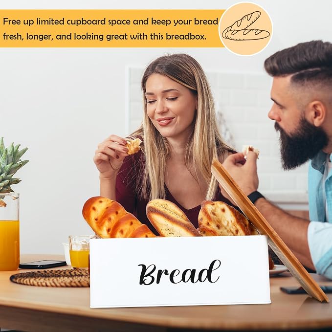 Hushee Metal Bread Box and Butter Dish with Bamboo Cutting Board Lid and Knife Bread Storage Container Breadbox for Kitchen Counter Butter Organizer for Kitchen Countertop Decoration(White) - Image 6