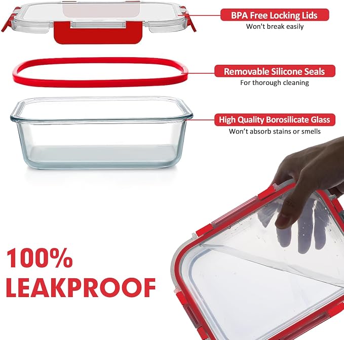 VERONES 30 Pieces Glass Food Storage Containers Set with Lids, Red | Stackable Glass Meal Prep Containers Set with Lids, Airtight Lunch Containers, for Microwave, Oven, Freezer & Dishwasher - Image 4
