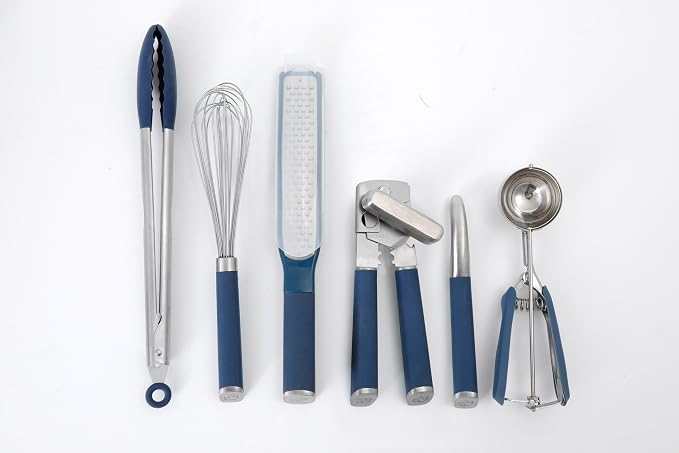 Calphalon Edge 6-Piece Stainless Steel Kitchen Tool & Gadget Set, Kitchen Utensil Set with Silicone Accent, Can opener, Straight peeler, Grater, Tongs, Balloon whisk and Scoop (Navy Blue) - Image 3
