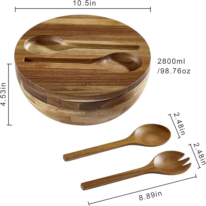 JOYMAY Salad Bowls Wood Salad Bowl Set with Lid Acacia Wood Serving Bowl for Fruits or Salads 10.5" Large Serving Bowl with Serving Utensils, 4 Piece Wooden Mixing Bowl Set for Kitchen, Picnic - Image 2