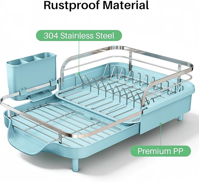 SNTD Expandable Dish Drying Rack for Kitchen Counter, 15.2-22.1 in, Blue | Rust-Resistant Stainless Steel, Protective Side Rails, Self-Draining Drainboard, Removable Utensil Holder - Image 5