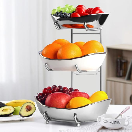 LIJINGCHEN 3 Tier Fruit Bowl for Kitchen Counter, Modern Ceramic Fruit Stand for Countertop, Home Fruit Rack with Holder, Vegetable Bowl Snacks Nuts Bread Candy Storage (Sliver) by LIJINGCHEN