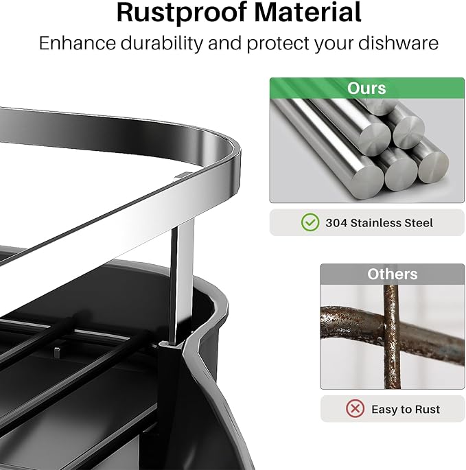 SNTD Expandable Dish Drying Rack for Kitchen Counter, 15.2-22.1 in, Black | Rust-Resistant Stainless Steel, Protective Side Rails, Self-Draining Drainboard, Removable Utensil Holder - Image 5