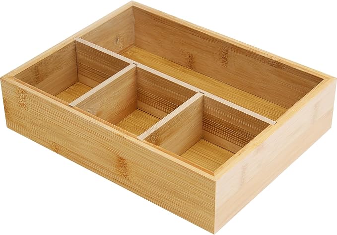 Tea Bag/Sugar Packet Holder,Coffee Station Condiment Organizer,Bamboo Tea Organizer,Large 4-Compartment Organizer Tray for Drawer/Shelf/Countertop,10.2 x 7.9 x 2.4 inch by VOCMUGY