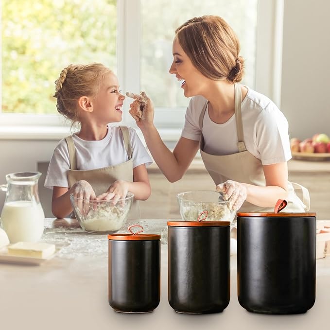 JOJUNO Black Ceramic Food Storage Canister Set (30 oz, 48 oz, 82 oz) with Bamboo Lids, 3-Piece Airtight Jars for Flour, Sugar, Coffee, Tea, Oats, Spice – Kitchen Storage Containers with Lids - Image 8