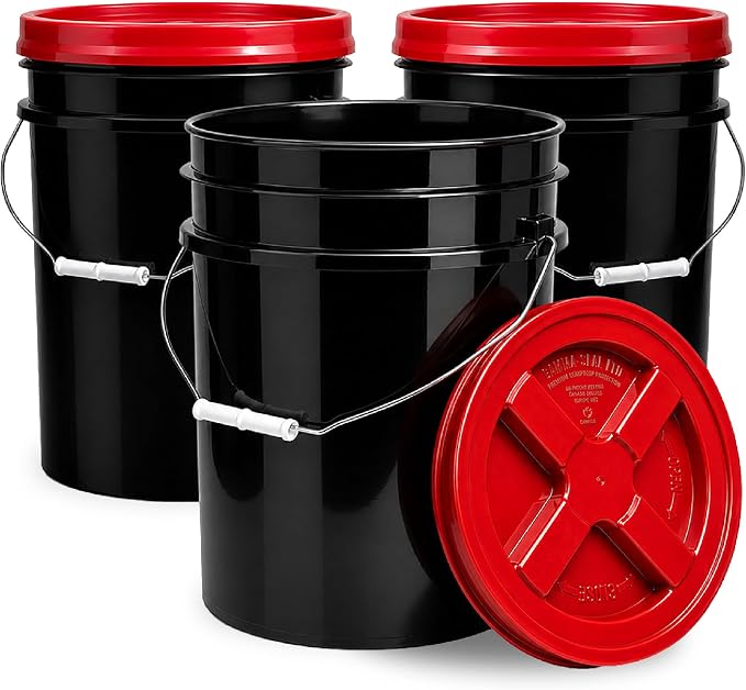 5 Gallon Bucket - Food Grade w/Lid BPA-Free, Black/Red, 3 | Airtight Gamma Seal Screw-On Lid, Heavy-Duty 90 Mil HDPE Plastic, Food Safe and Durable Container, Bulk Storage, Made in USA by ePackageSupply