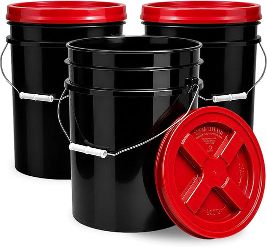 5 Gallon Bucket - Food Grade w/Lid BPA-Free, Black/Red, 3 | Airtight Gamma Seal Screw-On Lid, Heavy-Duty 90 Mil HDPE Plastic, Food Safe and Durable Container, Bulk Storage, Made in USA by ePackageSupply