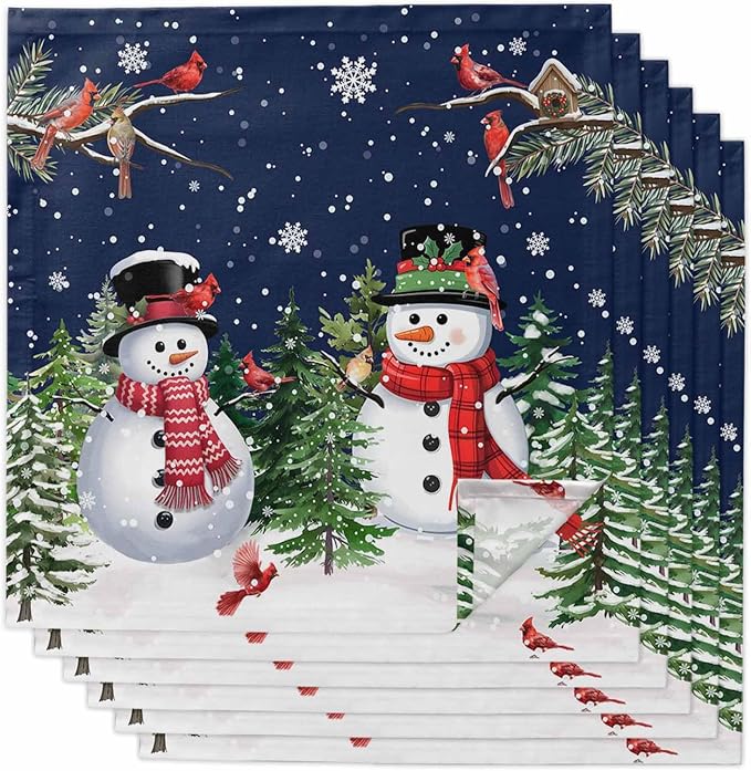 Navy Blue Snowman Christmas Cloth Napkins, Washable and Reusable Dinner Napkins Set of 6, Xmas Tree Snowflake Winter Birds Table Napkin for Kitchen Party Birthday Wedding Hotel Housewarming 20''x20'' by Unknown