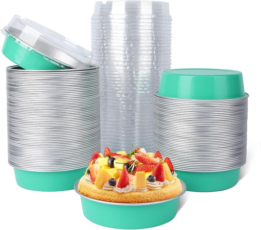 Beasea Mini Pie Pans with Lids, 120 Pack 4 Inch 8oz Disposable Mini Cake Pans Creme Brulee Aluminum Foil Pie Tart Ramekins Tins Elegant Blue Small Individual Round Containers Oven Safe for Baking by Beasea