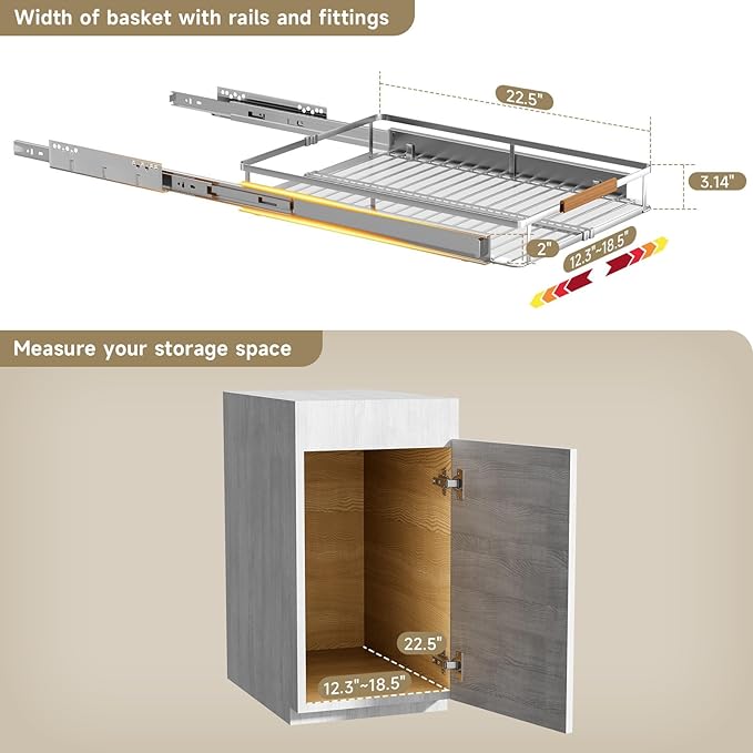 12.3~18.5"x22.5" Pull Out Cabinet Organizer，2Pack Expandable Sliding Cabinet Shelves，Side Mounting - Image 2