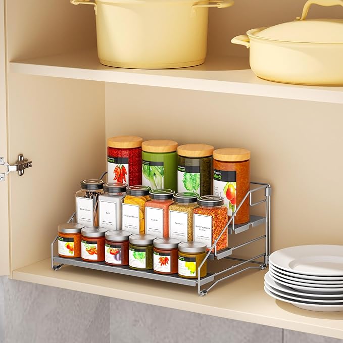 BOIVSHI Spice Rack, Depth Adjustable Spice Organizer for Cabinet, Gray | 4 Tier Spice Rack Organizer for Countertop, Metal Space-saving for Pantry, Seasoning Organizer No-screw Assembly, 1 Pack - Image 6