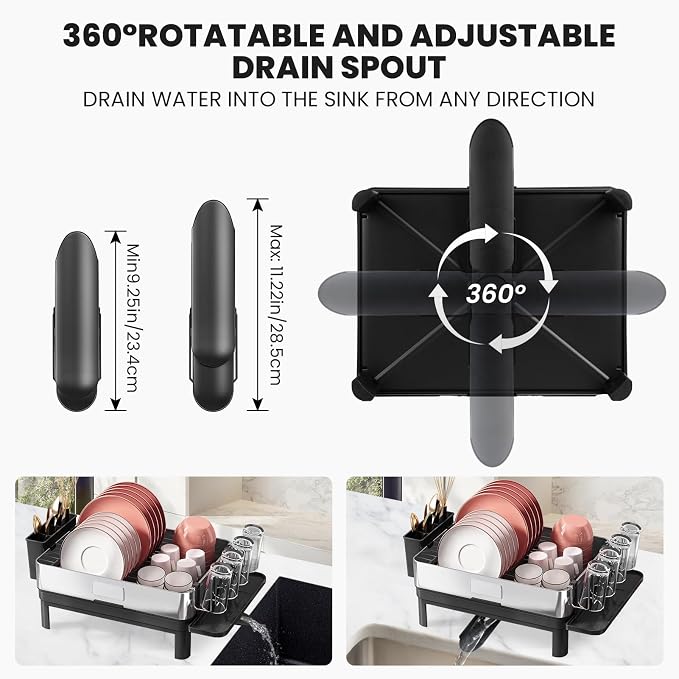 Stainless Steel Dish Drying Rack - No Rust Extra Large Capacity Dish Drainer Rack for Kitchen Counter with Drain Board Set Adjustable Spout Detachable Utensil Cup Holder for Big Family - Image 3