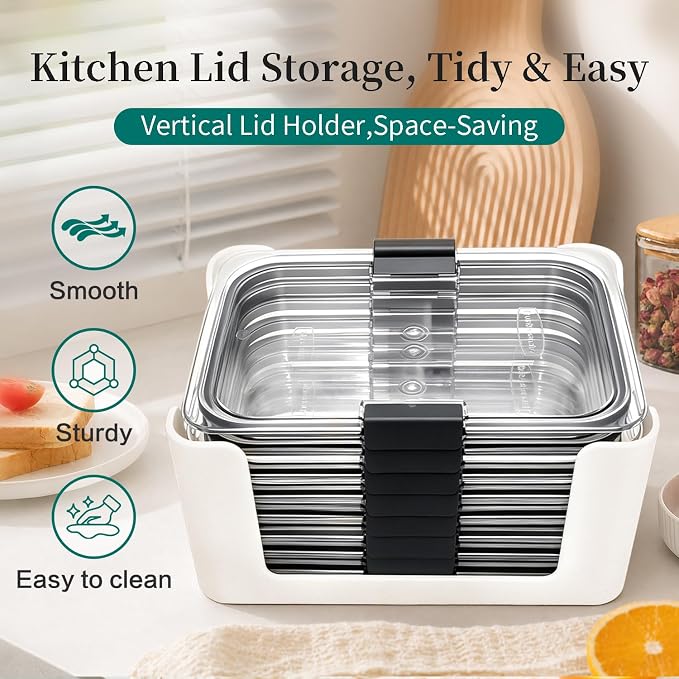 Food Storage Container Lids Organizer for Rubbermaid Brilliance Nap-On Lids | Stackable Food Storage Container Lid Organizer -- Fits 0.5, 1.3, 3.2, 4.7 & 9.6 Cups -- Holds 32 Lids (White,4-Piece Bundle) - Image 4
